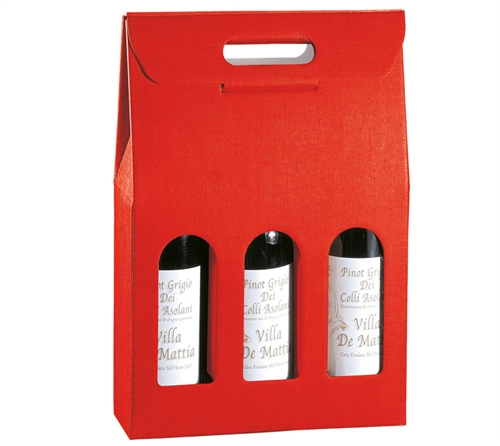 Rød vinæske til 3 flasker. Størrelse 39 cm høj, 27 cm bred, 9,0 cm dyb.